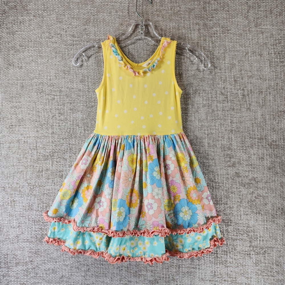 Matilda Jane Yellow Polka Dot Multi Floral Dress Girls 6 Sleeveless Ruffle